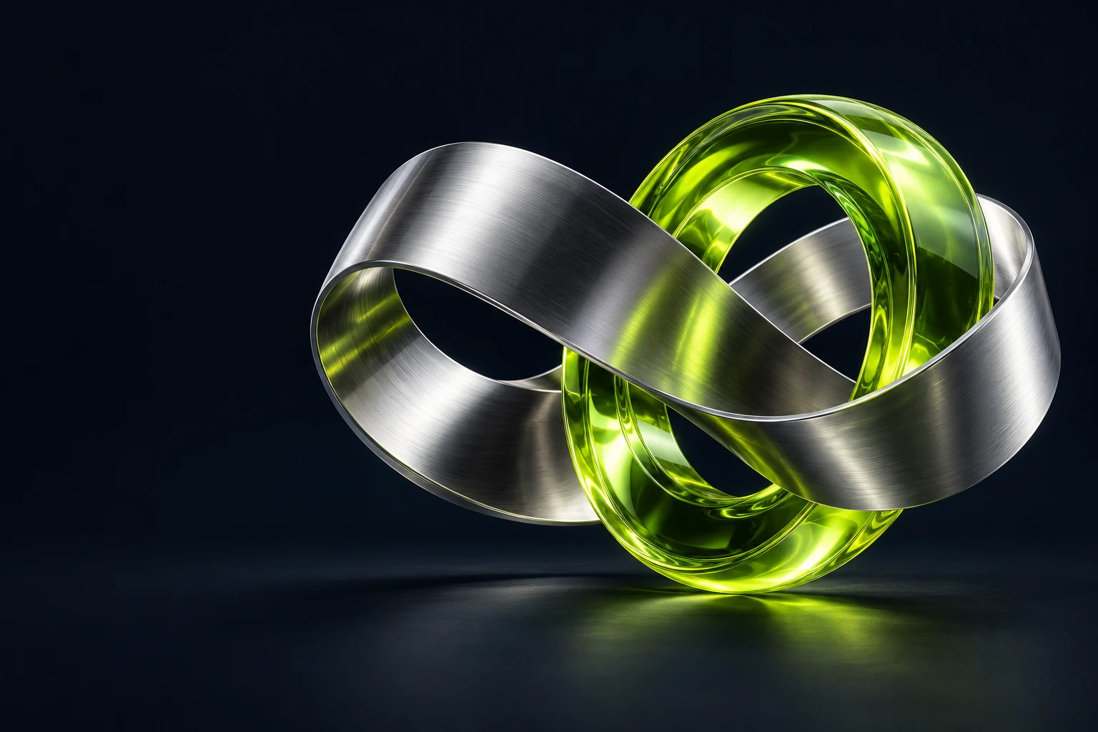 Interconnected chrome and lime glass sculpture